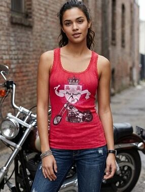 VS Pink Vintage Y2k Tank Top Red Rock & Roll Royalty Motorcycle Skulls Rare New